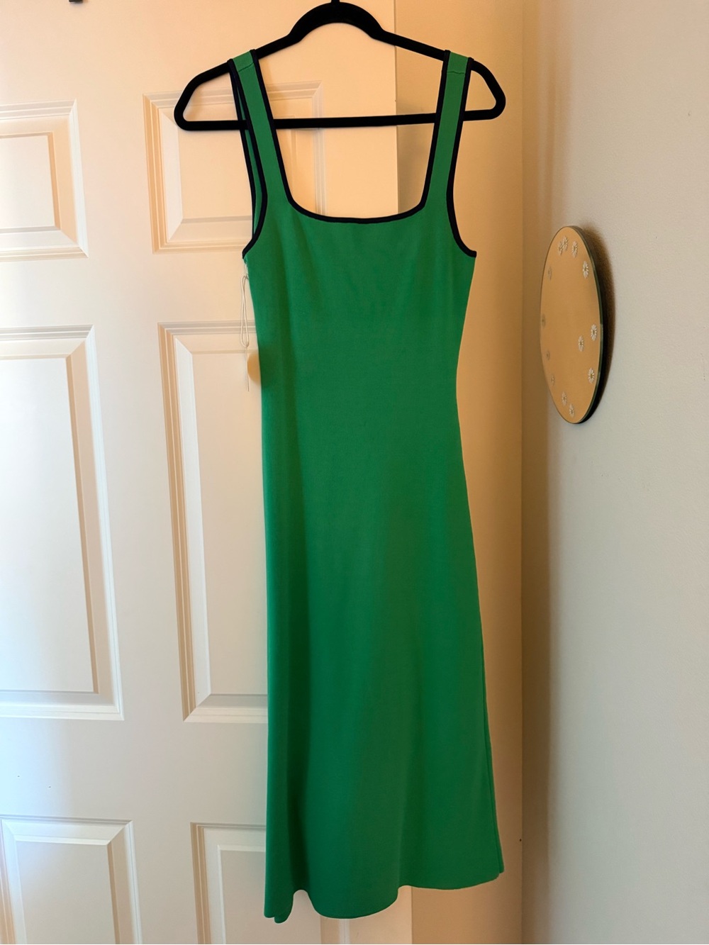NWOT STAUD Green Sleeveless Midi Dress with Black Trim